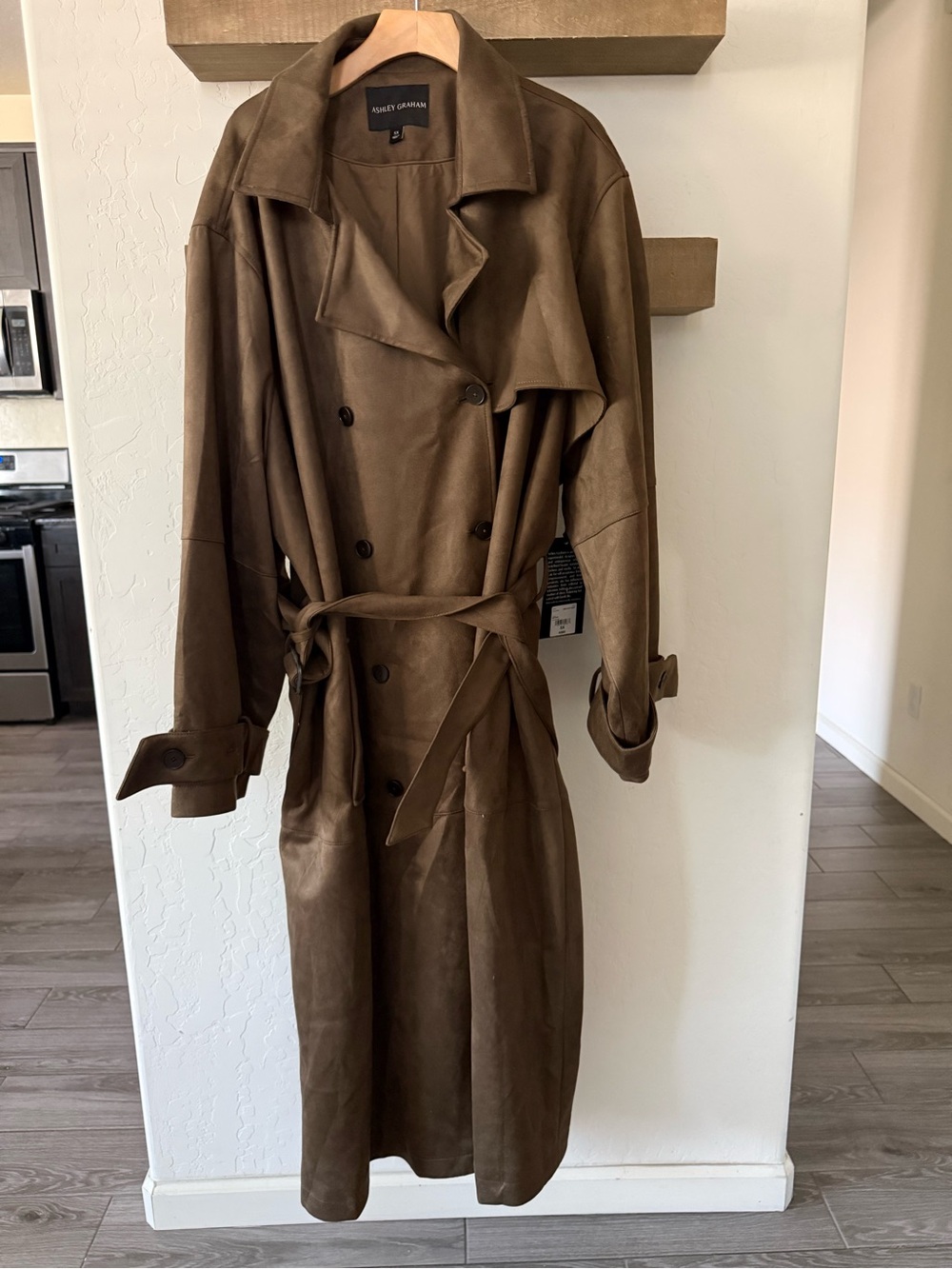Ashley Graham|Brown Suede Double-Breasted full length Trench Coat,tie waist•NWT - Picture 8 of 17